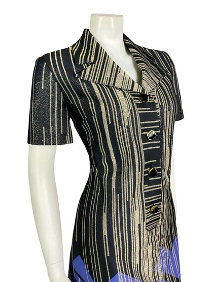 VTG 60S 70S BLACK GOLD PURPLE GLITTERY GEOMETRIC LUREX STRIPED SHIRT DRESS 14