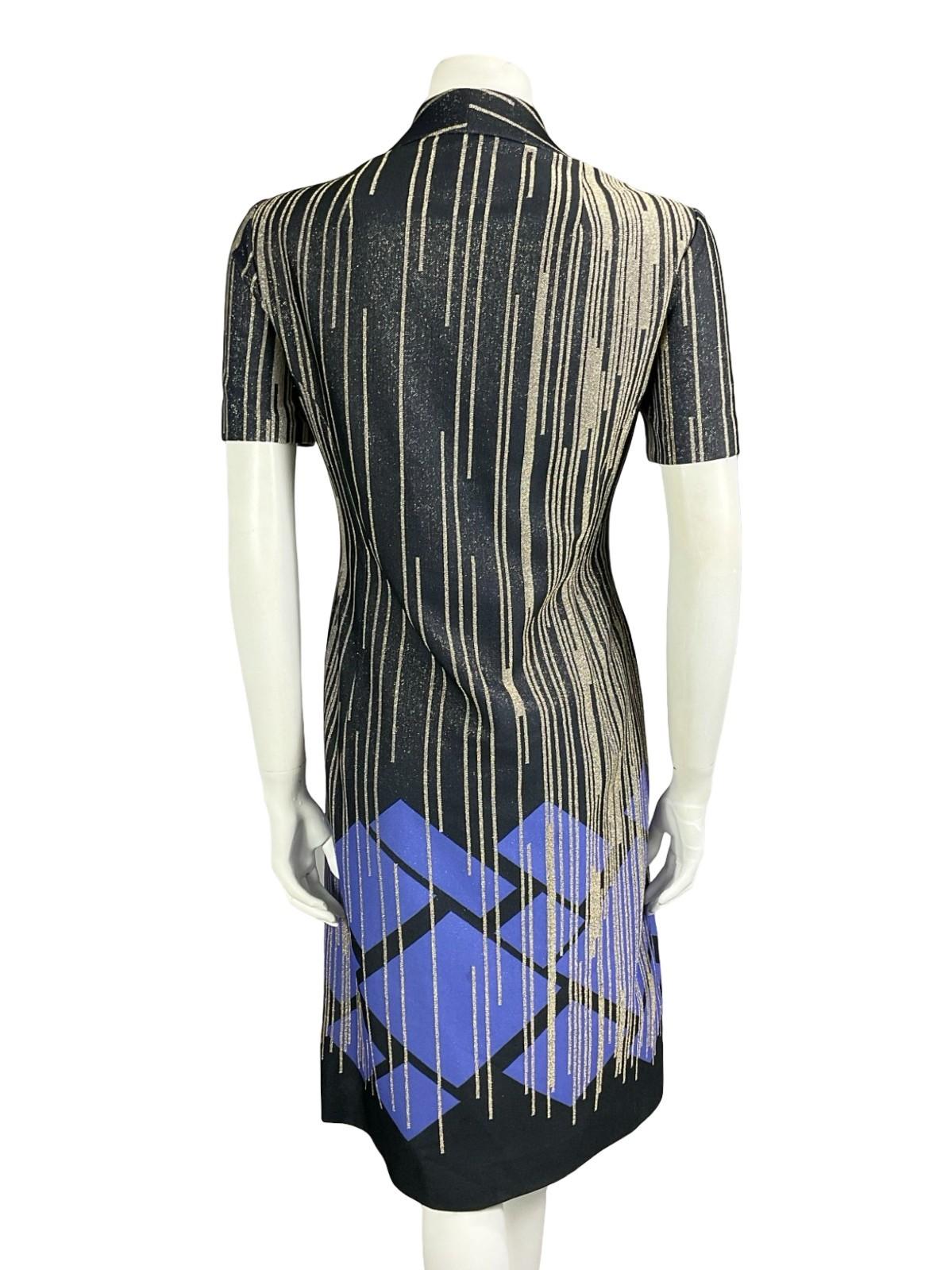 VTG 60S 70S BLACK GOLD PURPLE GLITTERY GEOMETRIC LUREX STRIPED SHIRT DRESS 14
