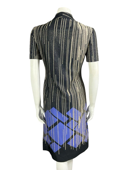VTG 60S 70S BLACK GOLD PURPLE GLITTERY GEOMETRIC LUREX STRIPED SHIRT DRESS 14