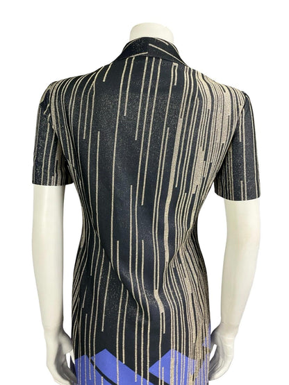 VTG 60S 70S BLACK GOLD PURPLE GLITTERY GEOMETRIC LUREX STRIPED SHIRT DRESS 14