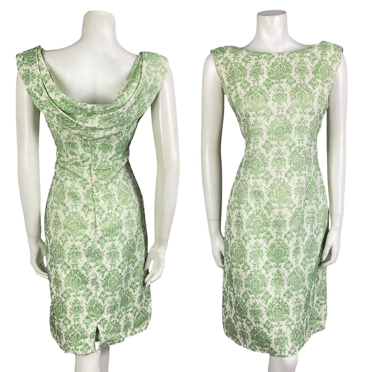 Mannequin wears a vintage 60s green and white floral damask party dress with a cape back.
