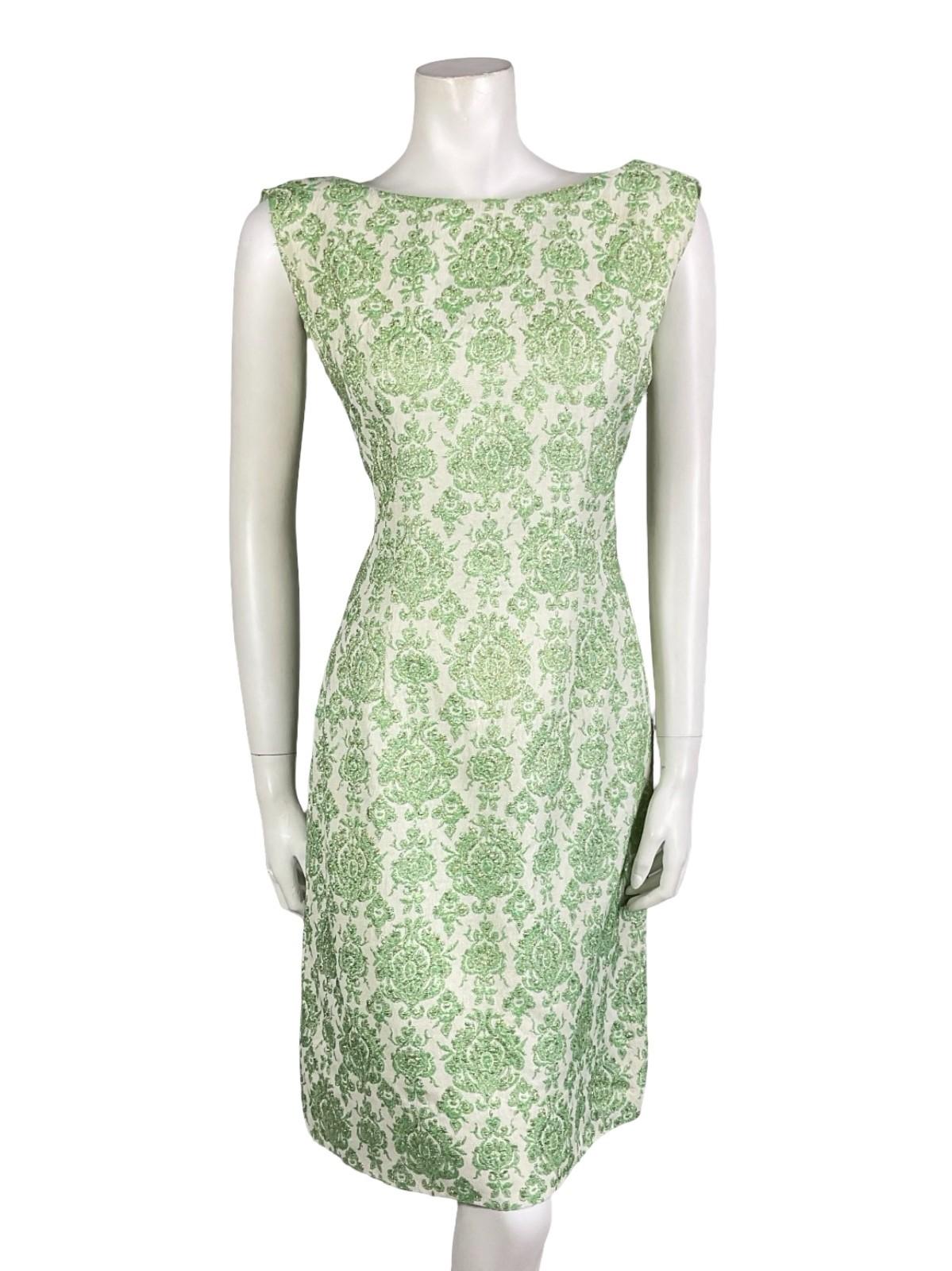 VTG 60S 70S GREEN WHITE LUREX DAMASK GLITTERY MESH CAPE PARTY DRESS 10 12