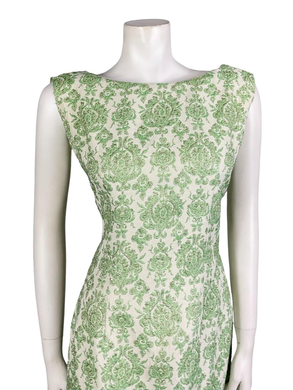 VTG 60S 70S GREEN WHITE LUREX DAMASK GLITTERY MESH CAPE PARTY DRESS 10 12