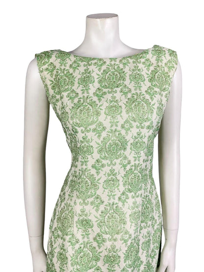 VTG 60S 70S GREEN WHITE LUREX DAMASK GLITTERY MESH CAPE PARTY DRESS 10 12