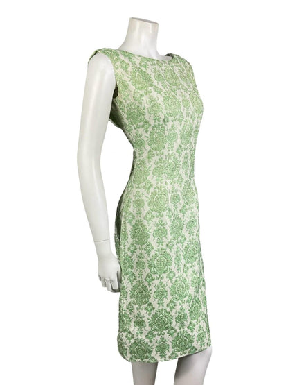 VTG 60S 70S GREEN WHITE LUREX DAMASK GLITTERY MESH CAPE PARTY DRESS 10 12
