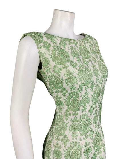 VTG 60S 70S GREEN WHITE LUREX DAMASK GLITTERY MESH CAPE PARTY DRESS 10 12