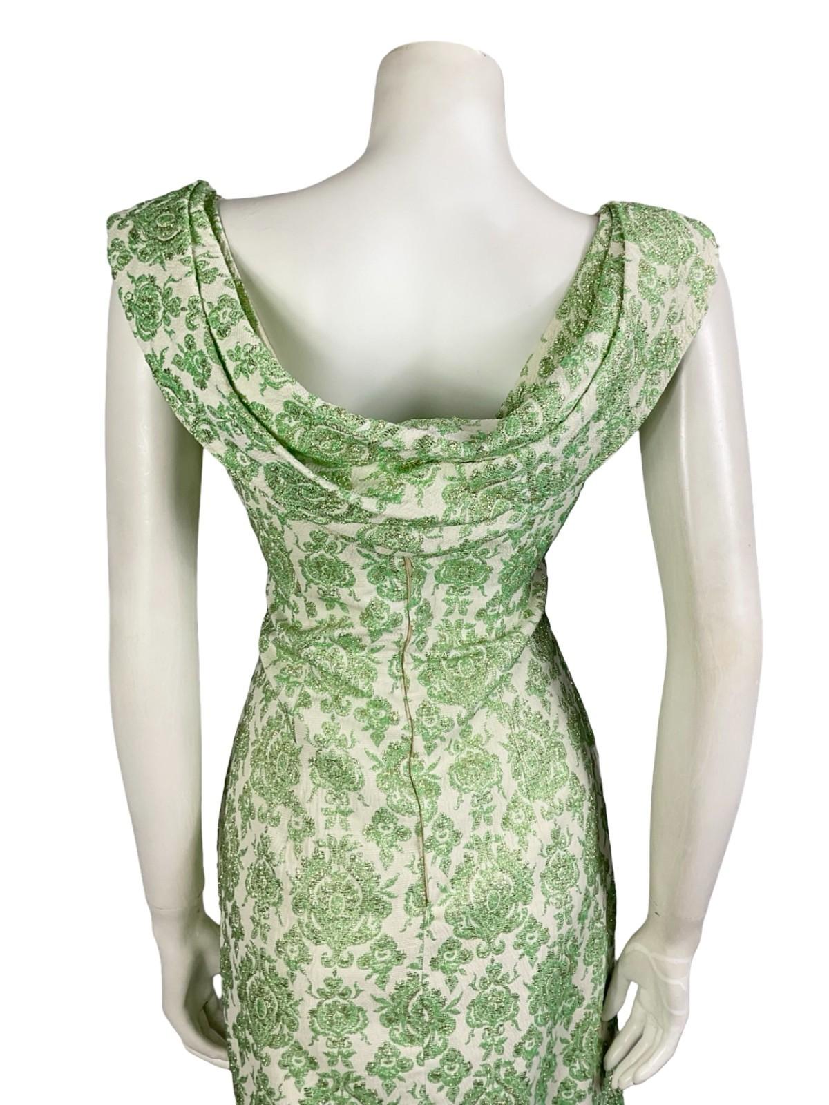 VTG 60S 70S GREEN WHITE LUREX DAMASK GLITTERY MESH CAPE PARTY DRESS 10 12