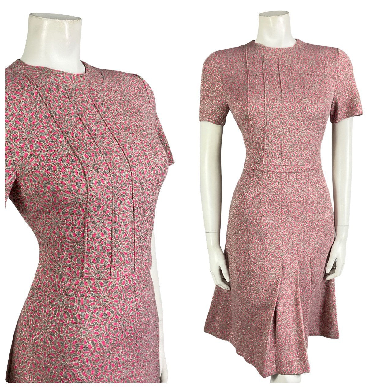 Mannequin wears a pink and silver geometric lurex shift dress with a pleated hemline and vertical piping decoration. 