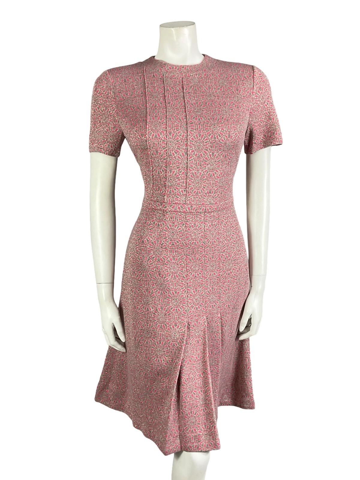 VTG 60S 70S PINK GREY SILVER GEOMETRIC MOD SPACE AGE PLEATED PARTY DRESS 8