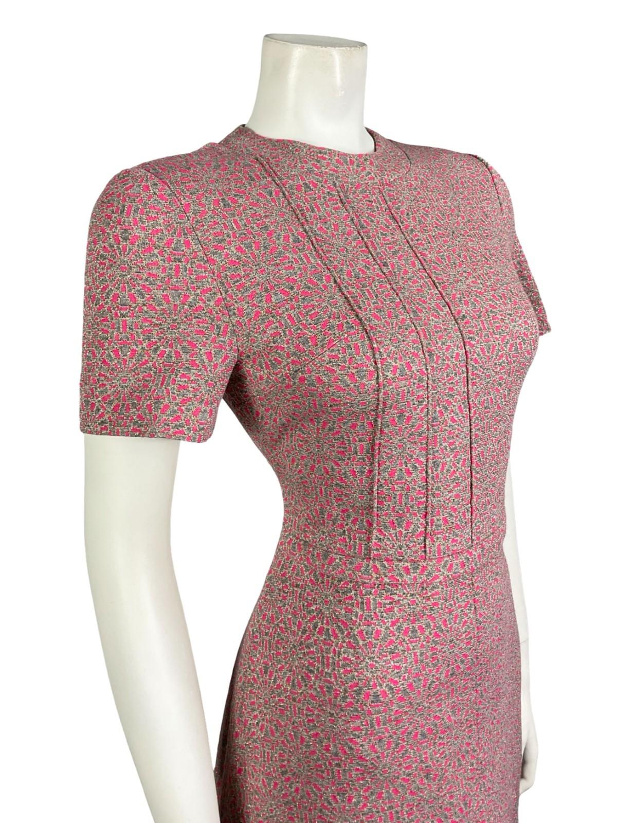 VTG 60S 70S PINK GREY SILVER GEOMETRIC MOD SPACE AGE PLEATED PARTY DRESS 8
