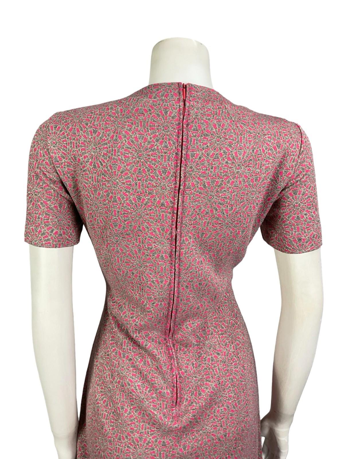 VTG 60S 70S PINK GREY SILVER GEOMETRIC MOD SPACE AGE PLEATED PARTY DRESS 8