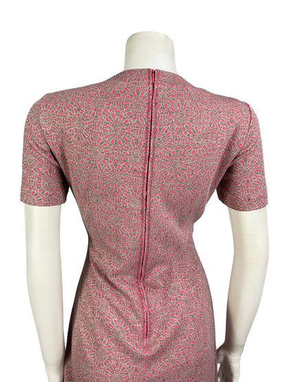 VTG 60S 70S PINK GREY SILVER GEOMETRIC MOD SPACE AGE PLEATED PARTY DRESS 8