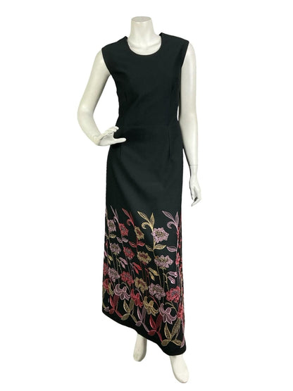 VTG 60S 70S BLACK PINK GOLD RED METALLIC FLORAL EMBROIDERED MAXI DRESS 14