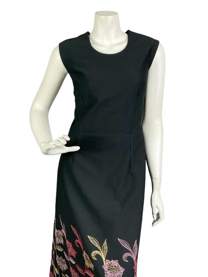 VTG 60S 70S BLACK PINK GOLD RED METALLIC FLORAL EMBROIDERED MAXI DRESS 14
