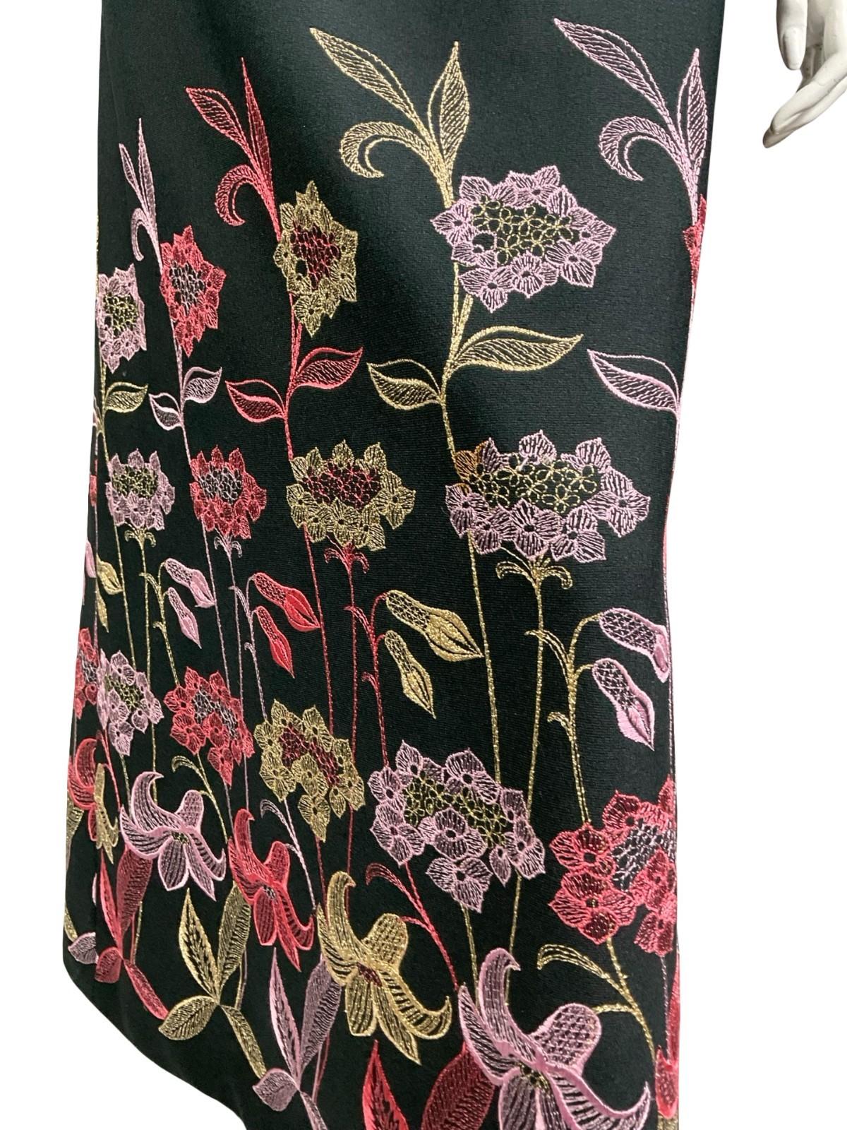 VTG 60S 70S BLACK PINK GOLD RED METALLIC FLORAL EMBROIDERED MAXI DRESS 14