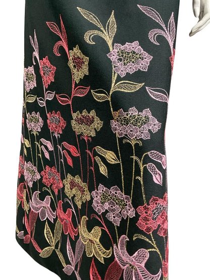 VTG 60S 70S BLACK PINK GOLD RED METALLIC FLORAL EMBROIDERED MAXI DRESS 14