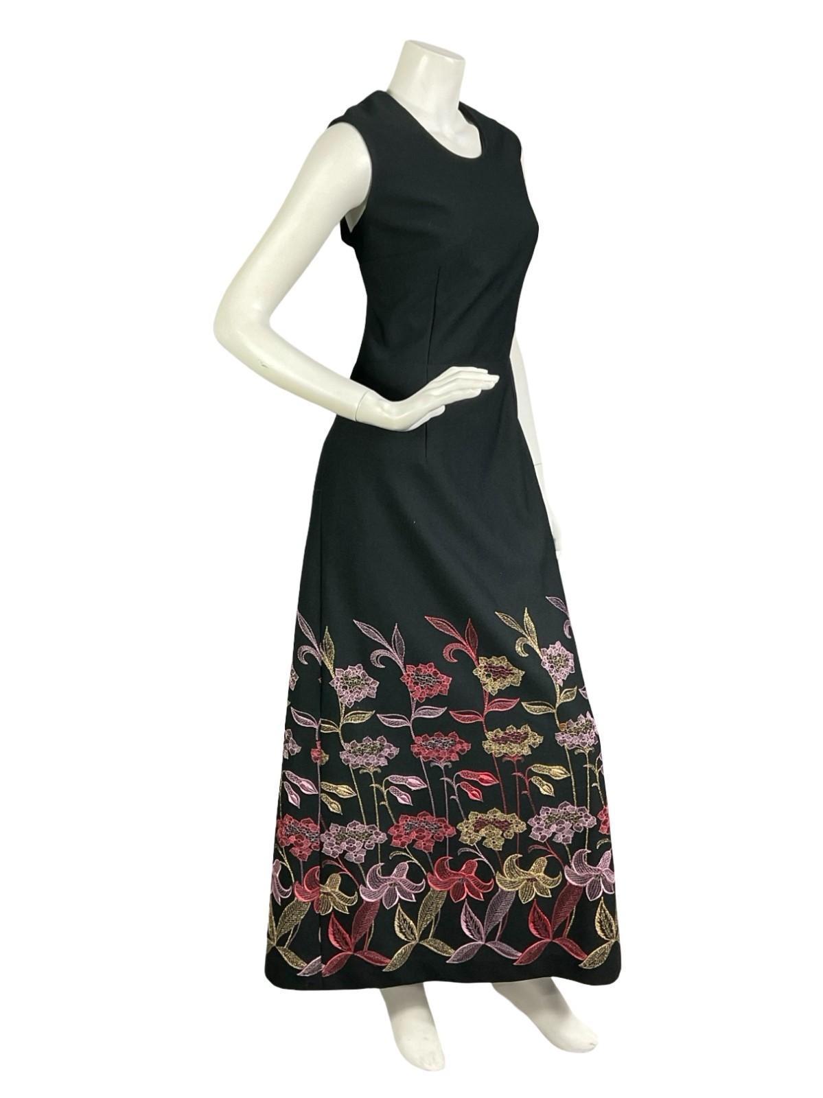 VTG 60S 70S BLACK PINK GOLD RED METALLIC FLORAL EMBROIDERED MAXI DRESS 14