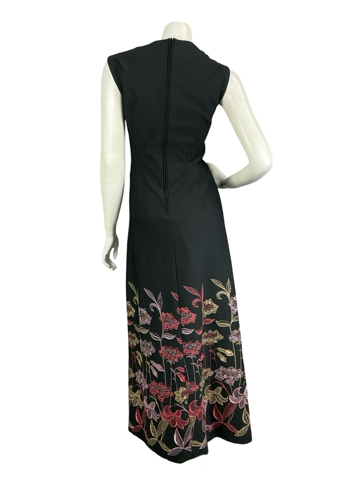 VTG 60S 70S BLACK PINK GOLD RED METALLIC FLORAL EMBROIDERED MAXI DRESS 14