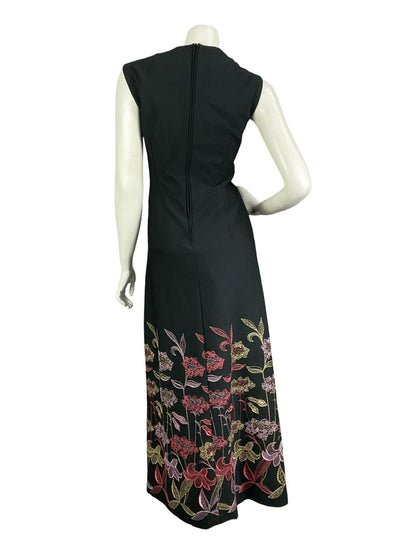 VTG 60S 70S BLACK PINK GOLD RED METALLIC FLORAL EMBROIDERED MAXI DRESS 14