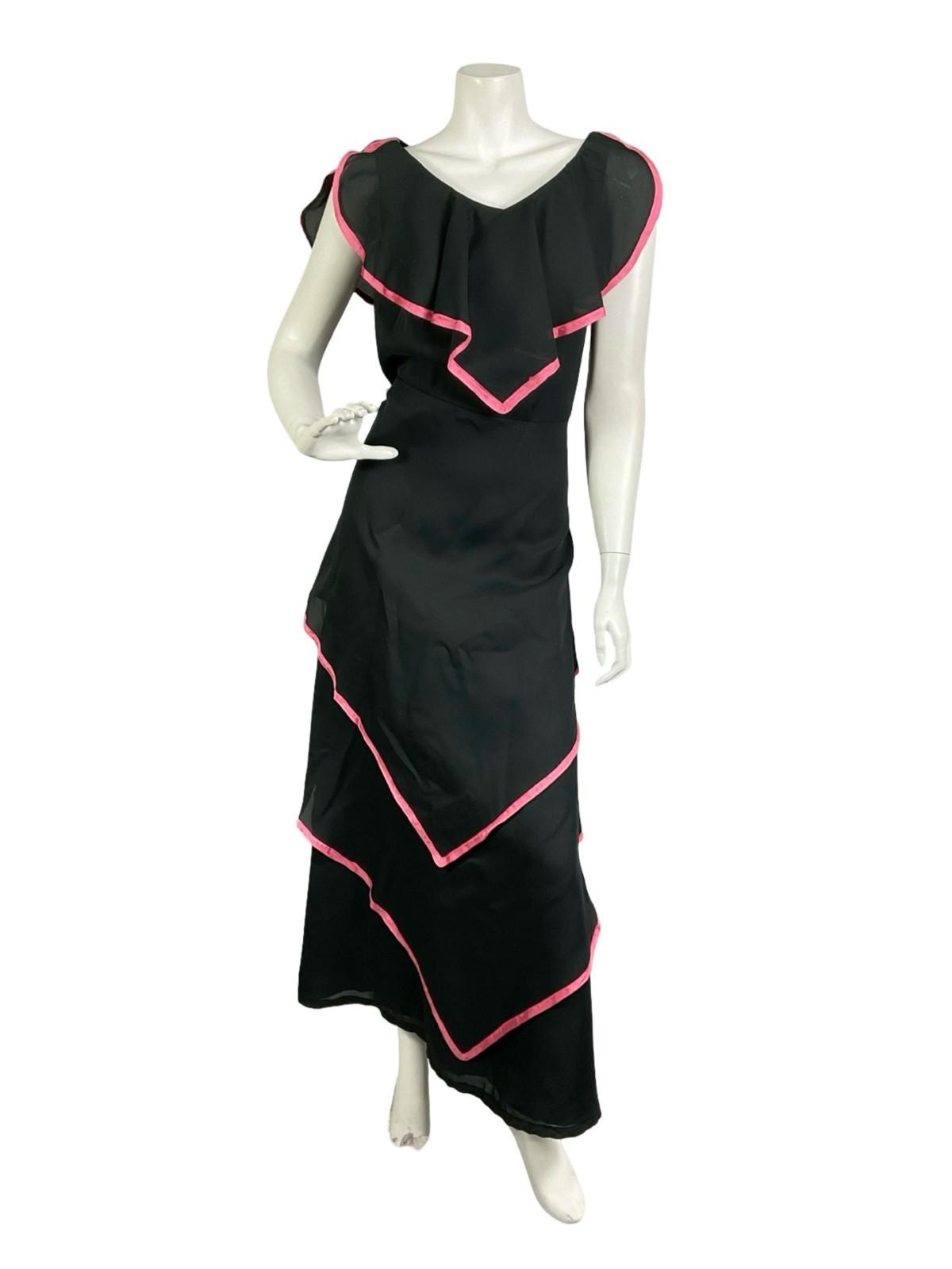 VTG 60S 70S BLACK PINK TIERED FLOATY BOHO CAPE V NECK MAXI DRESS 10