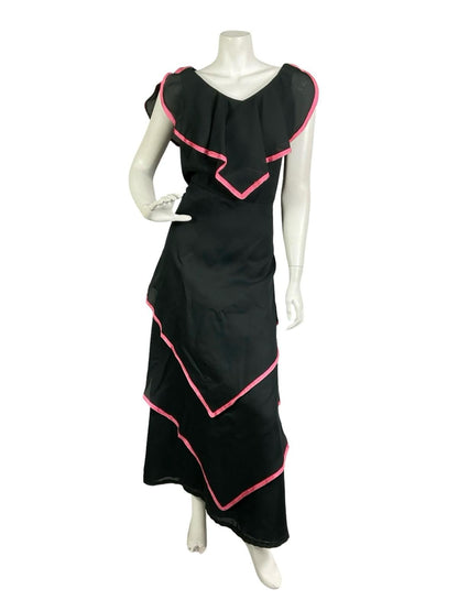 VTG 60S 70S BLACK PINK TIERED FLOATY BOHO CAPE V NECK MAXI DRESS 10
