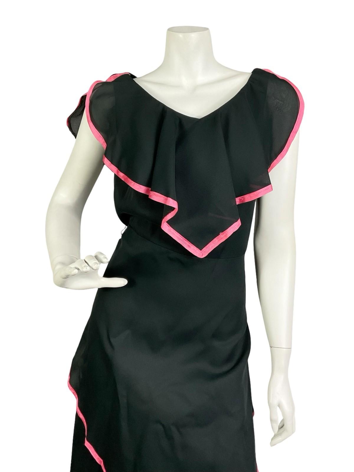 VTG 60S 70S BLACK PINK TIERED FLOATY BOHO CAPE V NECK MAXI DRESS 10