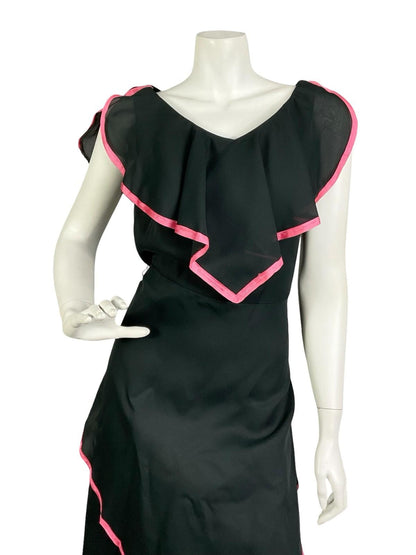 VTG 60S 70S BLACK PINK TIERED FLOATY BOHO CAPE V NECK MAXI DRESS 10