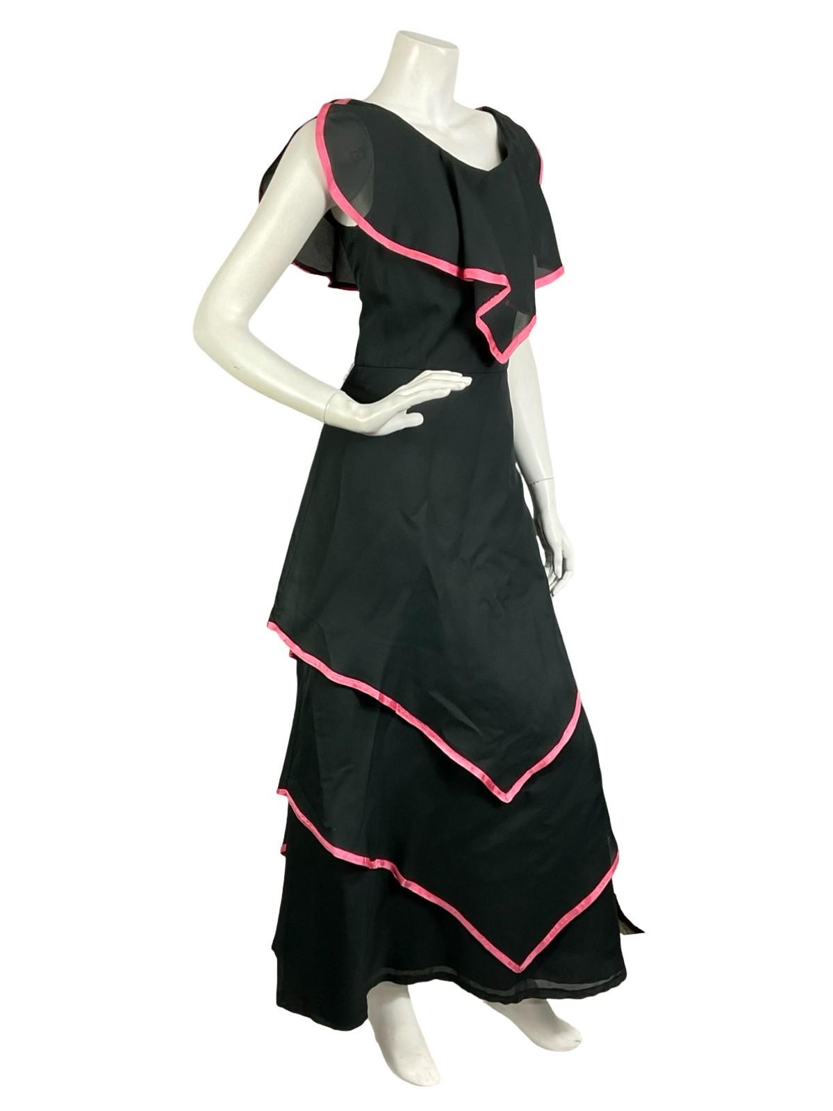 VTG 60S 70S BLACK PINK TIERED FLOATY BOHO CAPE V NECK MAXI DRESS 10