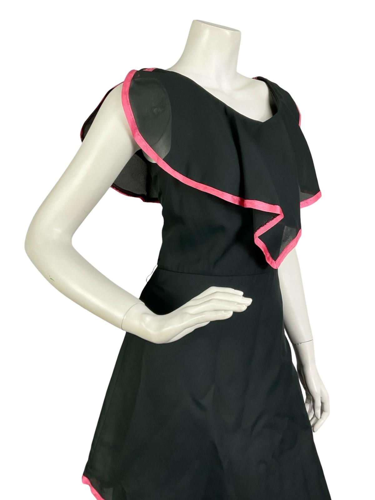 VTG 60S 70S BLACK PINK TIERED FLOATY BOHO CAPE V NECK MAXI DRESS 10