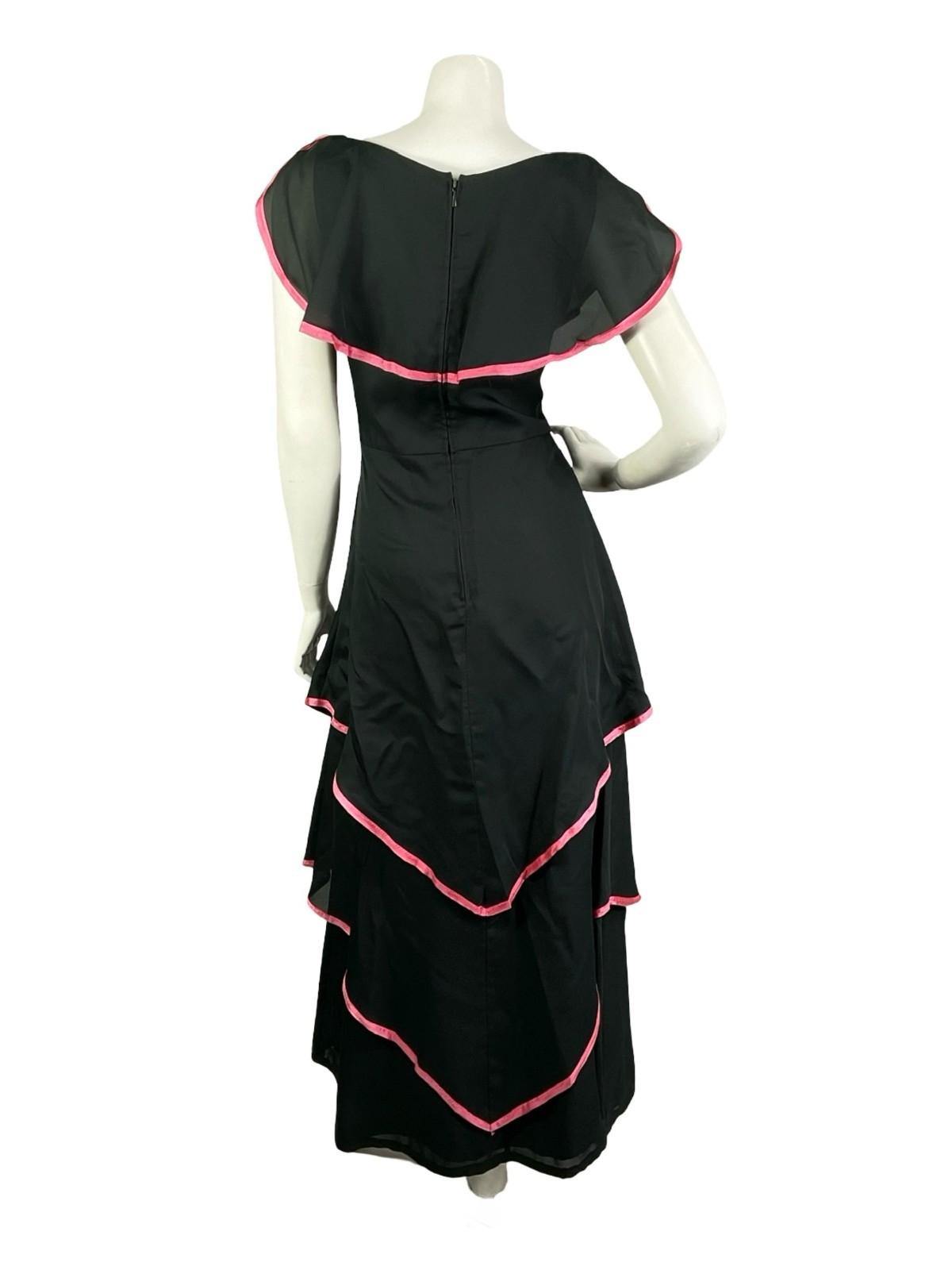 VTG 60S 70S BLACK PINK TIERED FLOATY BOHO CAPE V NECK MAXI DRESS 10