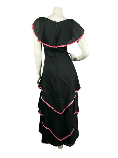 VTG 60S 70S BLACK PINK TIERED FLOATY BOHO CAPE V NECK MAXI DRESS 10