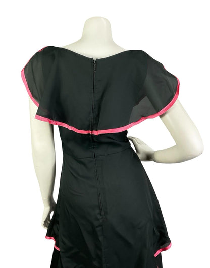 VTG 60S 70S BLACK PINK TIERED FLOATY BOHO CAPE V NECK MAXI DRESS 10