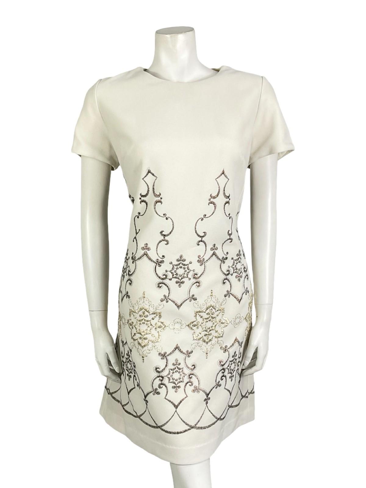 VTG 60S 70S WHITE BRONZE GOLD EMBROIDERED MOD PARTY SHIFT MINI DRESS 12 14 M