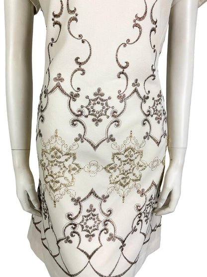 VTG 60S 70S WHITE BRONZE GOLD EMBROIDERED MOD PARTY SHIFT MINI DRESS 12 14 M