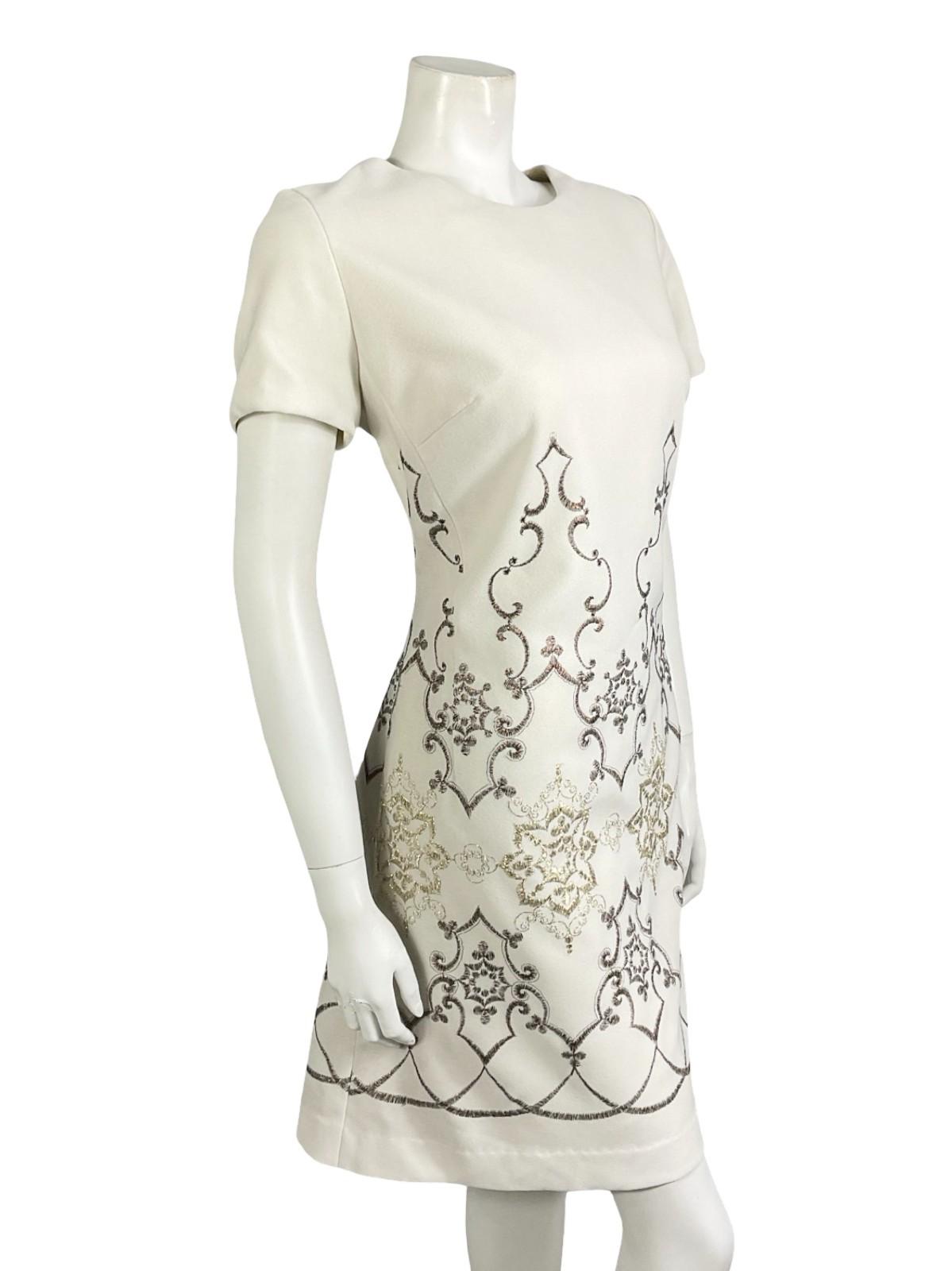 VTG 60S 70S WHITE BRONZE GOLD EMBROIDERED MOD PARTY SHIFT MINI DRESS 12 14 M