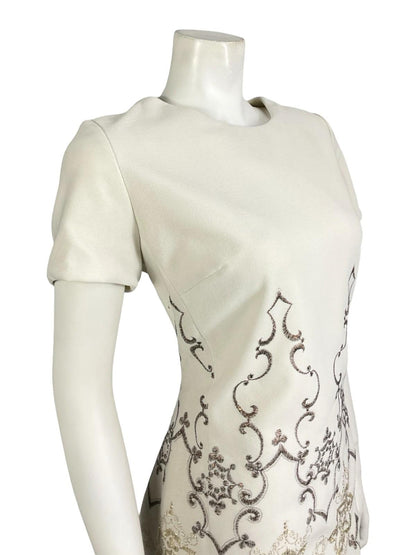 VTG 60S 70S WHITE BRONZE GOLD EMBROIDERED MOD PARTY SHIFT MINI DRESS 12 14 M