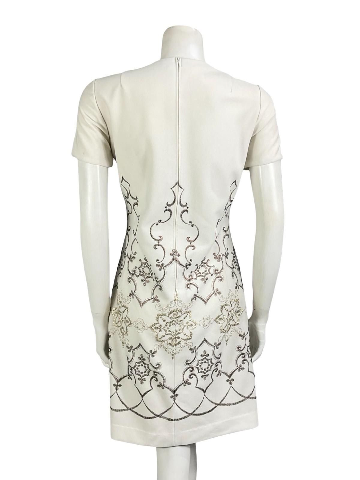 VTG 60S 70S WHITE BRONZE GOLD EMBROIDERED MOD PARTY SHIFT MINI DRESS 12 14 M