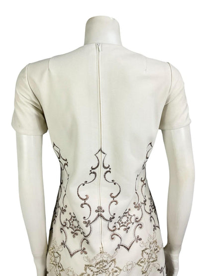 VTG 60S 70S WHITE BRONZE GOLD EMBROIDERED MOD PARTY SHIFT MINI DRESS 12 14 M