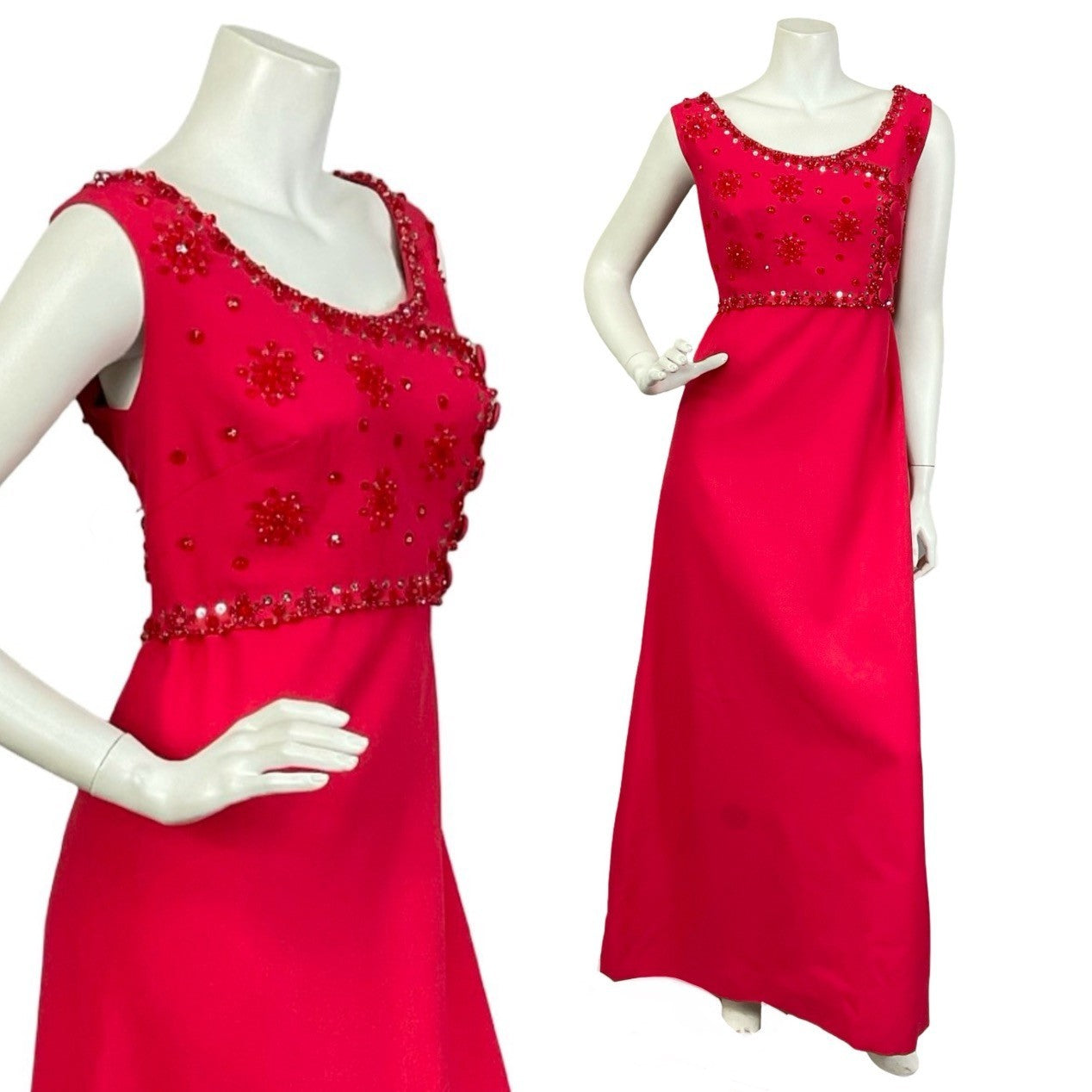 Mannequin wears a vintage 60s 70s red beaded maxi empire dress made from pure, virgin wool.