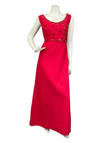 VTG 60S 70S RED BEADED EMBELLISHED SEQUIN BOAT NECK EMPIRE MAXI DRESS 12