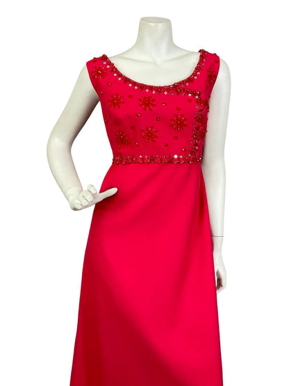 VTG 60S 70S RED BEADED EMBELLISHED SEQUIN BOAT NECK EMPIRE MAXI DRESS 12