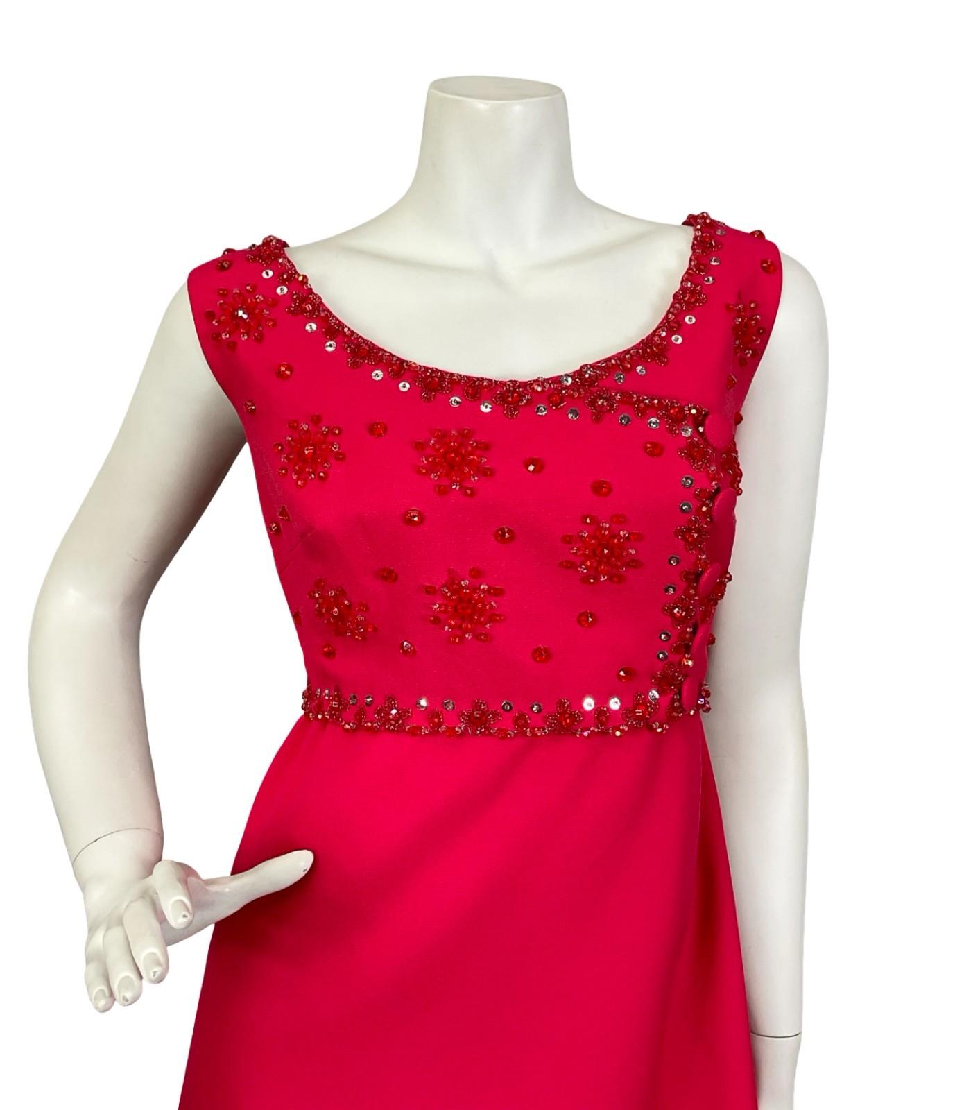 VTG 60S 70S RED BEADED EMBELLISHED SEQUIN BOAT NECK EMPIRE MAXI DRESS 12