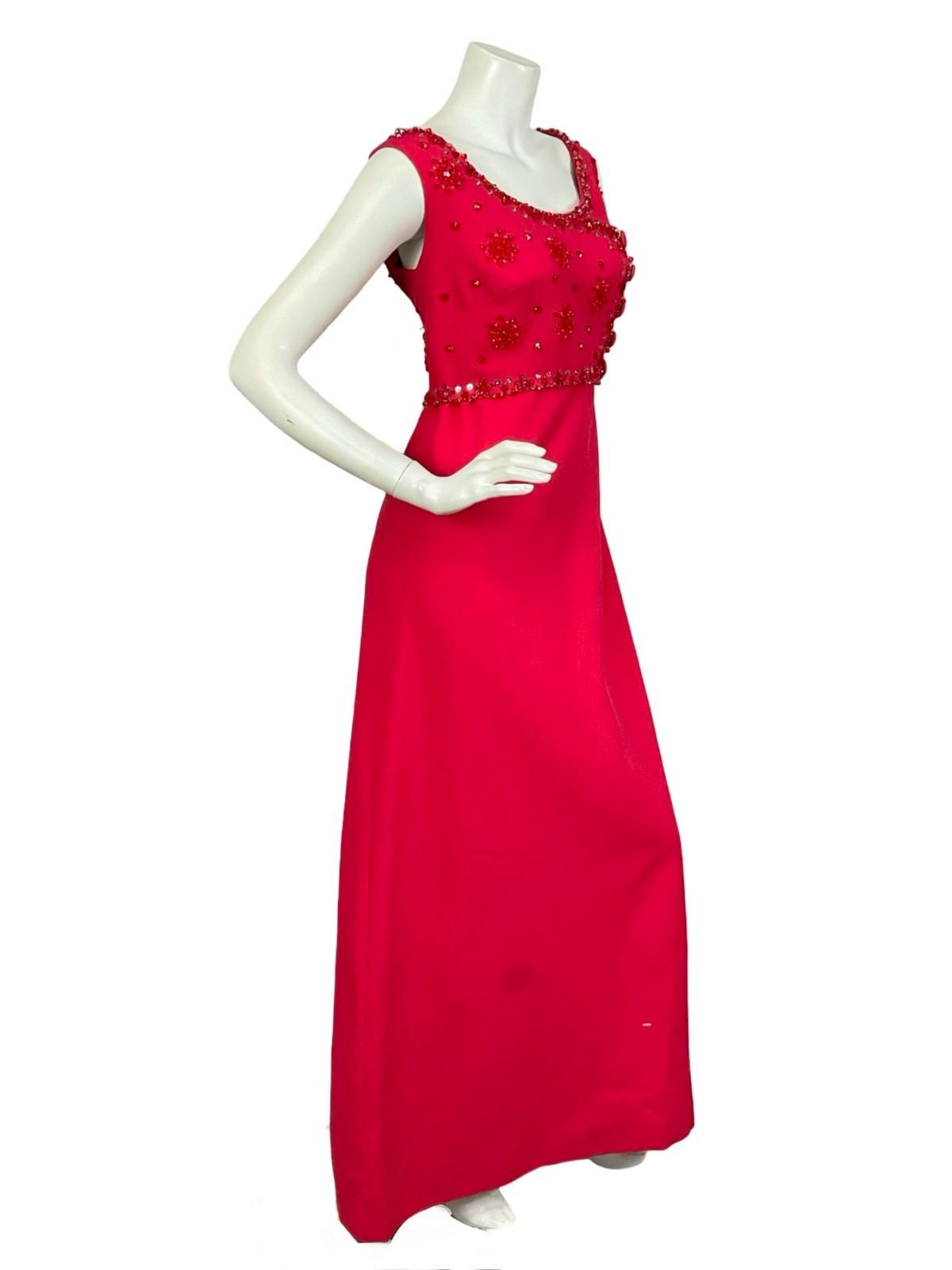 VTG 60S 70S RED BEADED EMBELLISHED SEQUIN BOAT NECK EMPIRE MAXI DRESS 12