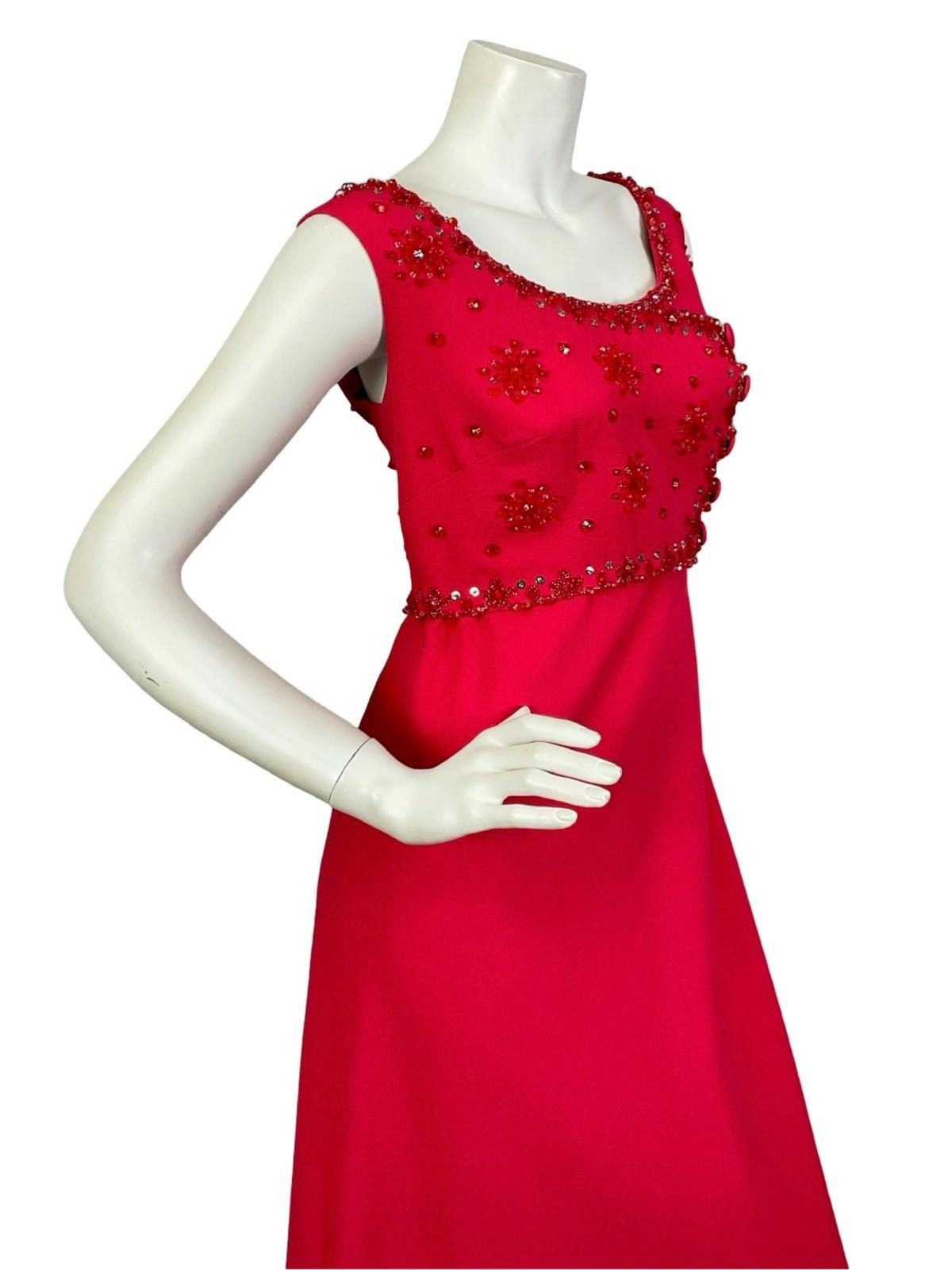 VTG 60S 70S RED BEADED EMBELLISHED SEQUIN BOAT NECK EMPIRE MAXI DRESS 12