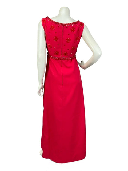 VTG 60S 70S RED BEADED EMBELLISHED SEQUIN BOAT NECK EMPIRE MAXI DRESS 12