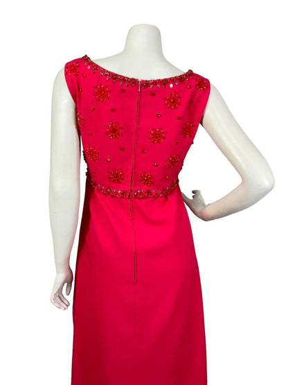 VTG 60S 70S RED BEADED EMBELLISHED SEQUIN BOAT NECK EMPIRE MAXI DRESS 12