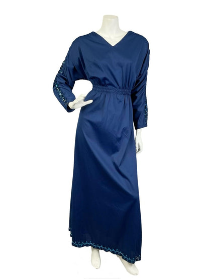 VTG 60S 70S NAVY BLUE SEQUIN V NECK BLOUSON RUCHED PARTY MAXI DRESS 8 10 S
