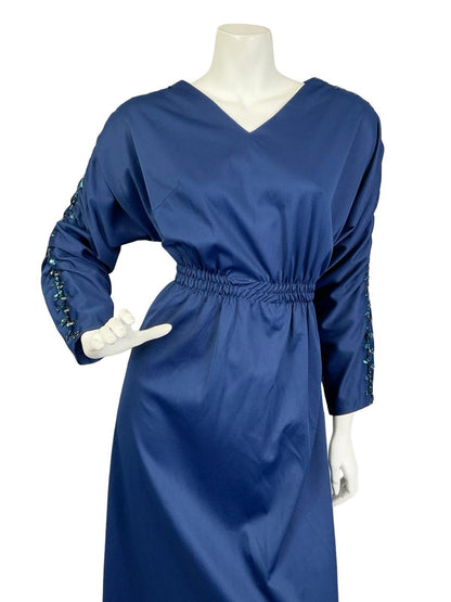 VTG 60S 70S NAVY BLUE SEQUIN V NECK BLOUSON RUCHED PARTY MAXI DRESS 8 10 S