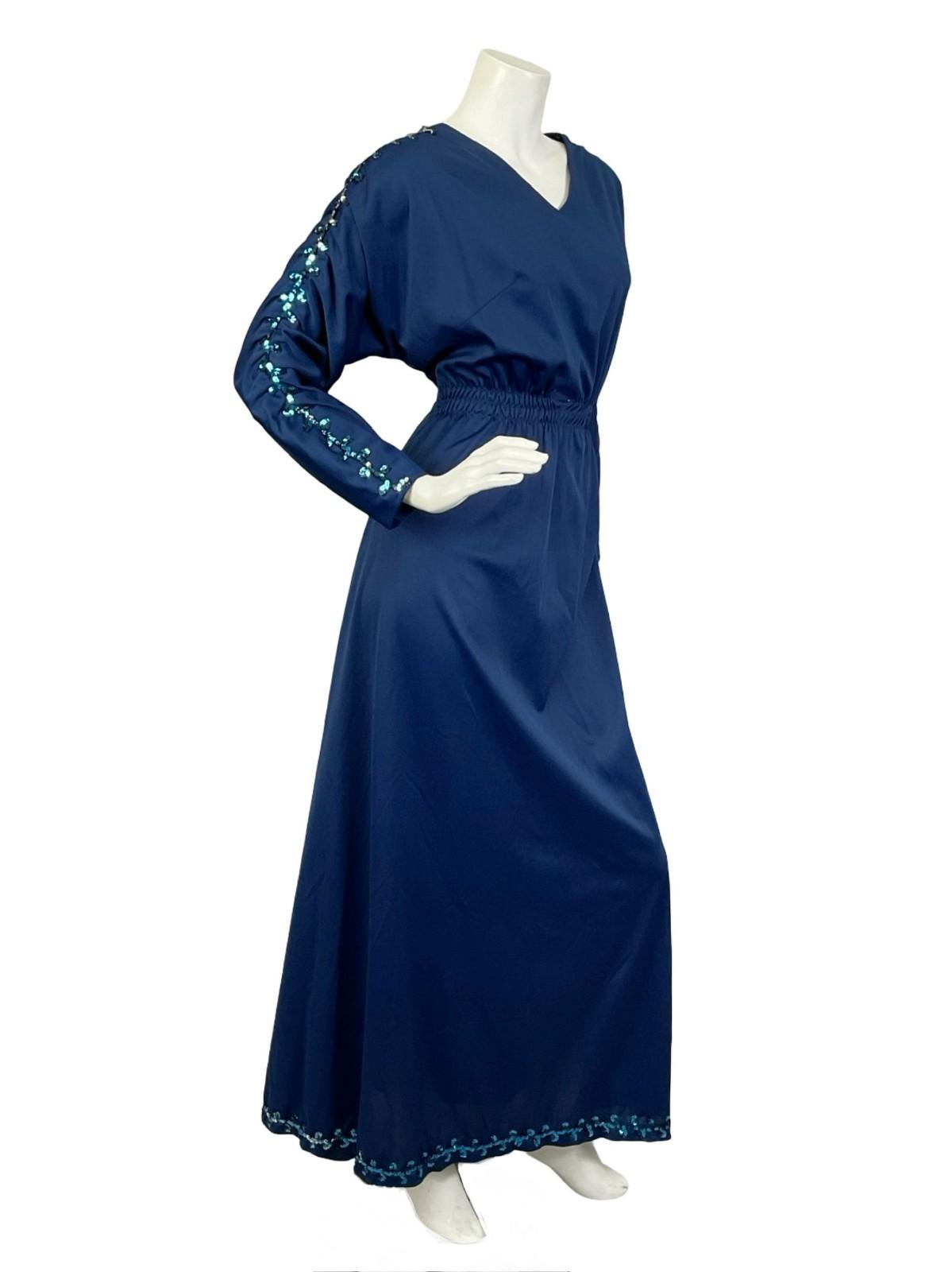 VTG 60S 70S NAVY BLUE SEQUIN V NECK BLOUSON RUCHED PARTY MAXI DRESS 8 10 S