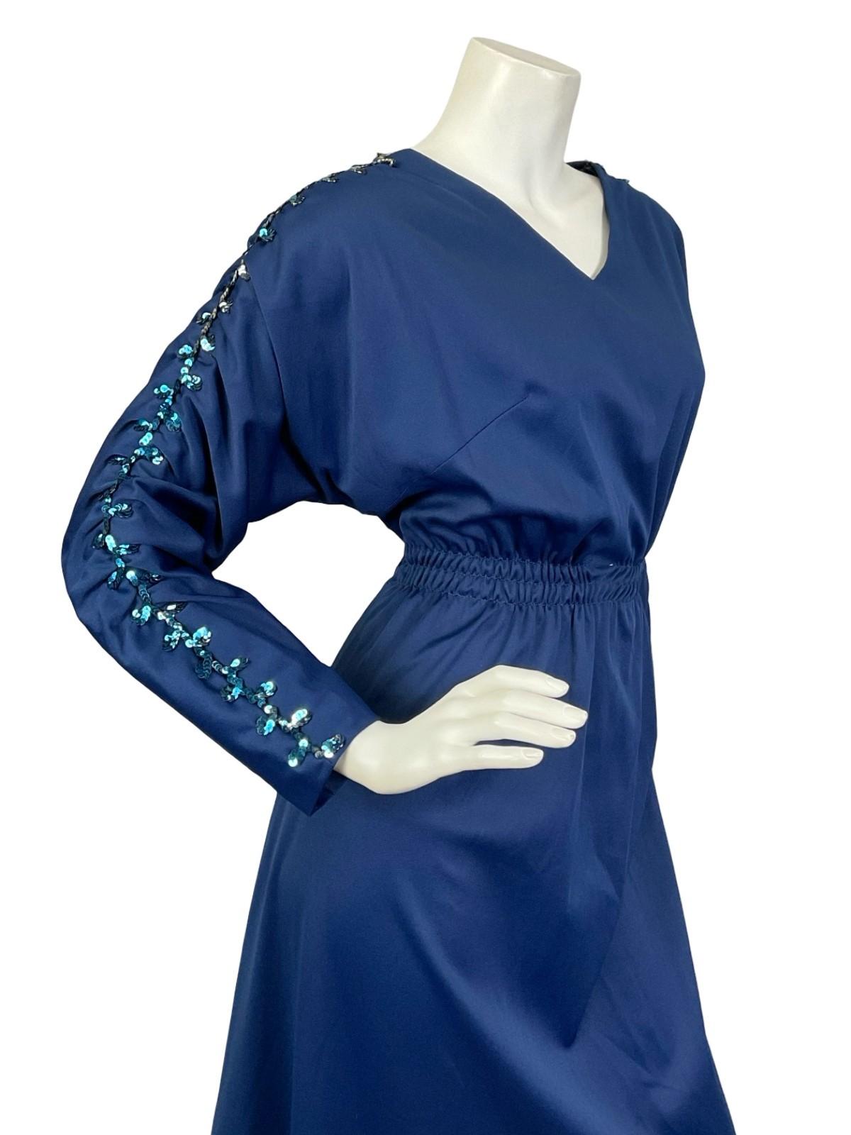 VTG 60S 70S NAVY BLUE SEQUIN V NECK BLOUSON RUCHED PARTY MAXI DRESS 8 10 S
